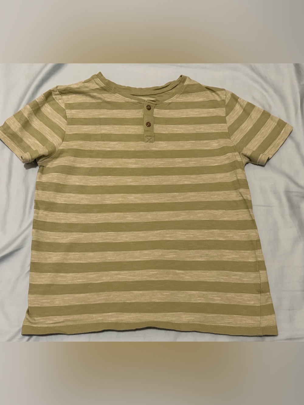 H&M Olive and Beige Striped Short-Sleeve Henley Tee